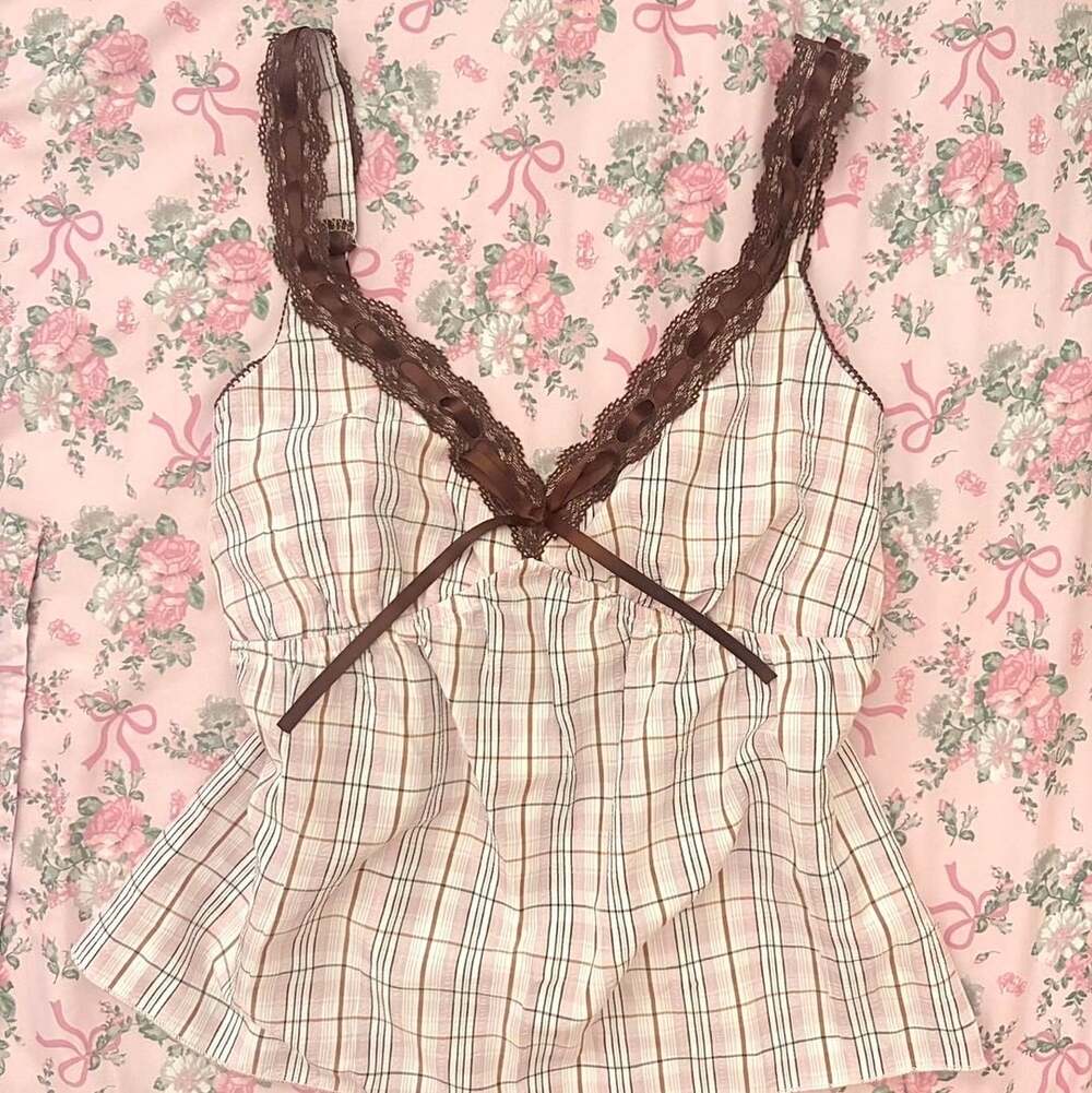Plaid Babydoll strawberry chocolate top with lace trim and bow